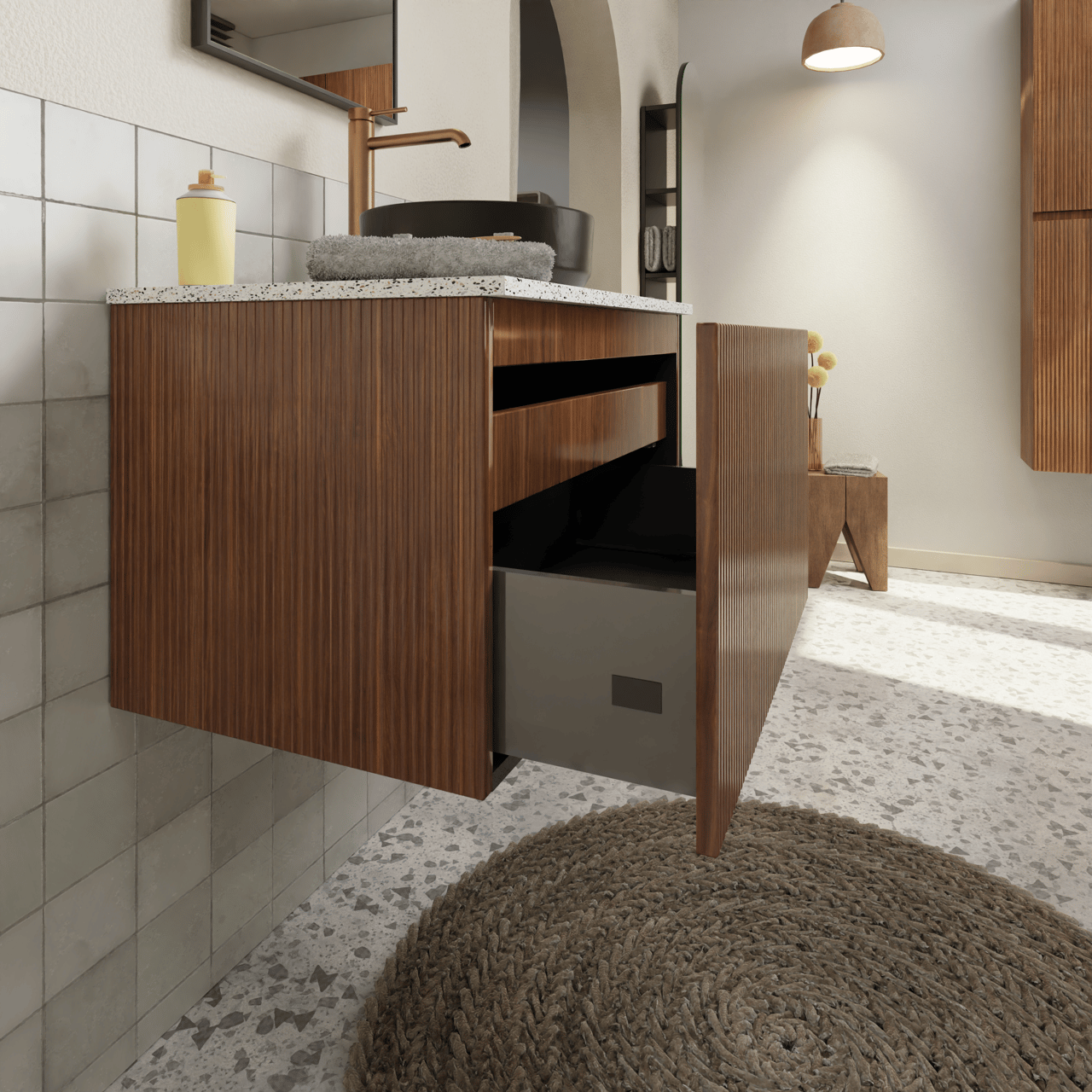 Storke Ribs meuble sous-lavabo suspendu 75 x 52 cm noyer 2 tiroirs