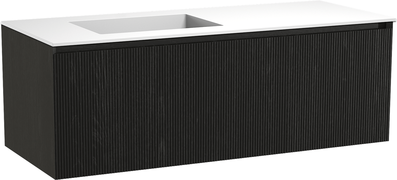 Balmani Fila hängendes Möbelstück Set: 135 x 55 cm, Schwarze Eiche, mit Tablo Stretto Waschtisch links, Solid Surface, Weiß matt, Vertikale symmetrische gerade Rippe