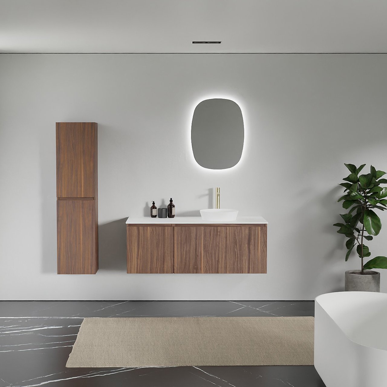 Balmani Sfera zwevend badmeubel 135 x 55 cm amerikaans notenhout met Stretto enkel of dubbel wastafelblad in solid surface mat wit