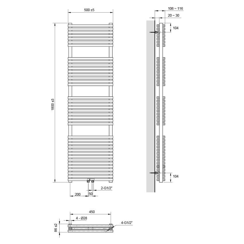 Vipera Vesuvio dubbele handdoekradiator 50 x 180 cm elektrische verwarming mat wit zij- en middenaansluiting 2.125W, weerstand inbegrepen