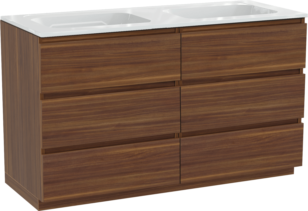 Balmani Lucida meuble salle de bains à poser 135 x 55 cm noyer américain avec Tablo Strada double vasque en marbre composite blanc brillant