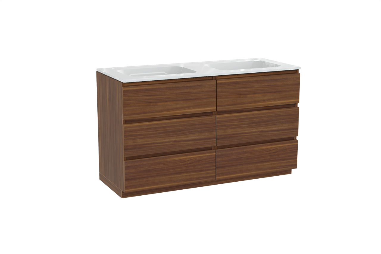 Balmani Lucida freistehendes Möbelstück Set: 135 x 55 cm, Amerikanischer Nussbaum, mit Tablo Strada Doppelwaschtisch, Marmorkomposit Weiß glänzend