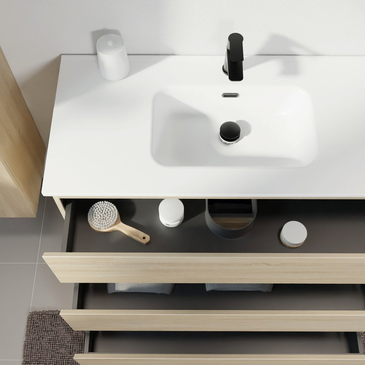 Linie Lado staand badmeubel 100 x 46 cm wit eiken met Baro enkele wastafel in porselein mat wit