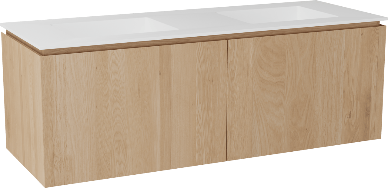 Balmani Eclips meuble salle de bains suspendu 150 x 55 cm Chêne naturelle avec Tablo Stretto double vasque en Solid Surface blanc mat