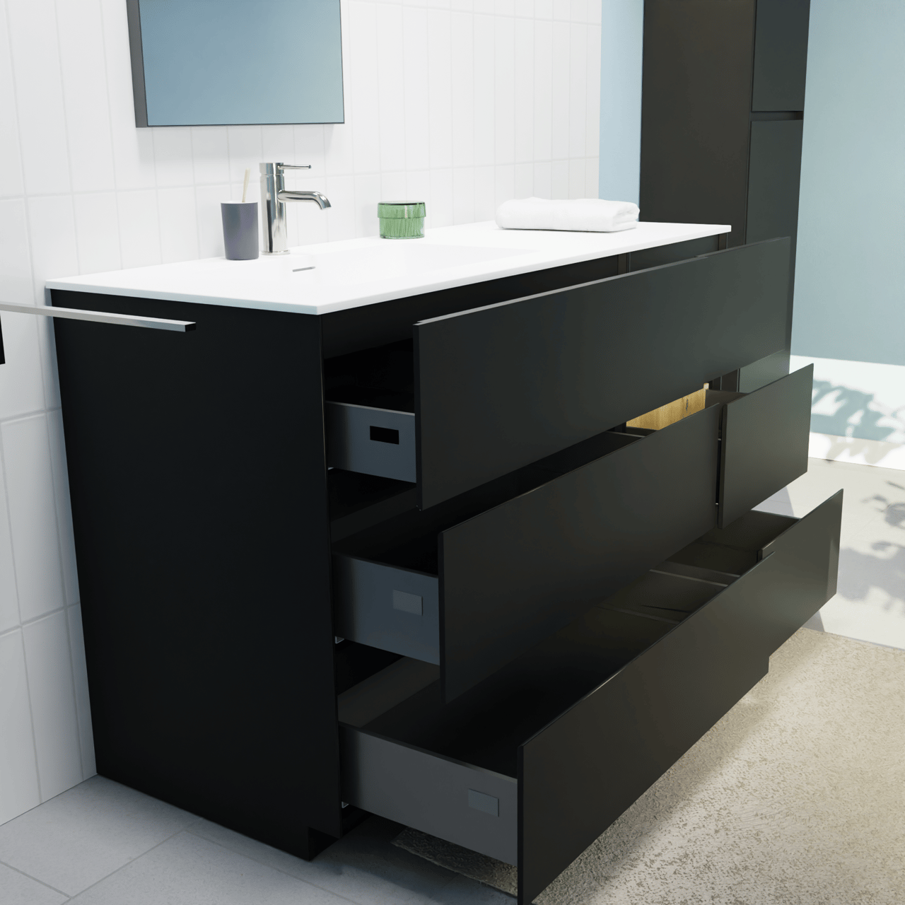 Storke Edge meuble salle de bains à poser 130 x 52 cm noir mat avec Mata plan vasque asymétrique à gauche en solid surface blanc mat