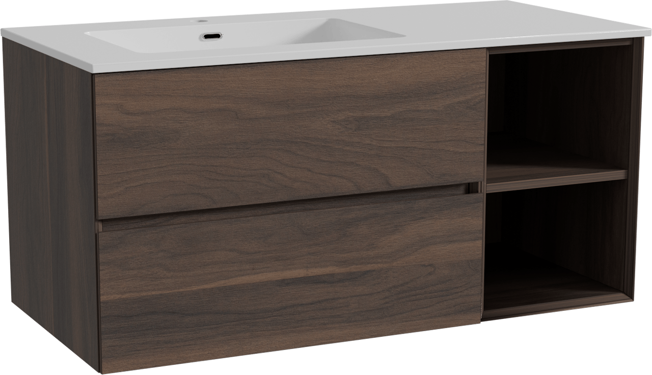 Storke Edge zwevend badkamermeubel 110 x 52 cm notelaar met Diva asymmetrisch linkse wastafel in composietmarmer glanzend wit