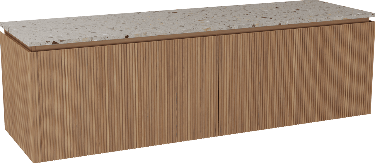 Balmani Eclips meuble salle de bains suspendu 180 x 55 cm Teck avec Stretto tablette simple ou double en Terrazzo greige, Nervure droite symétrique verticale