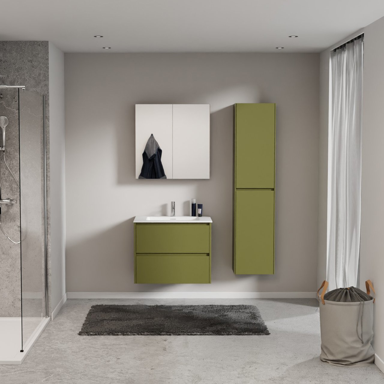 Storke Seda meuble salle de bains suspendu 75 x 52 cm vert olive avec Mata plan simple en solid surface blanc mat
