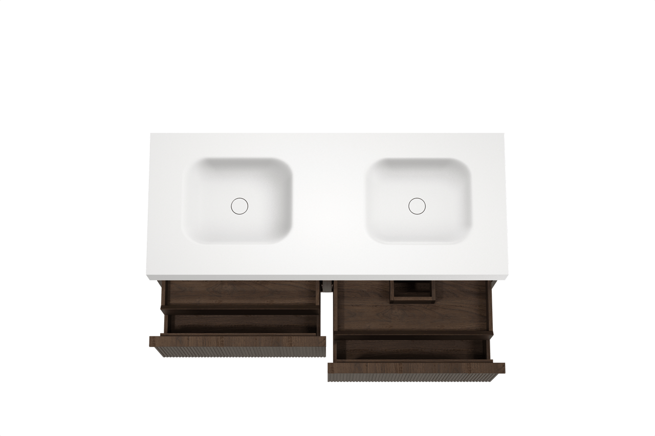 Balmani Forma zwevend badkamermeubel 135 x 55 cm gerookte eik met Arcato dubbele wastafel in solid surface mat wit, Verticale symmetrische rechte ribbel