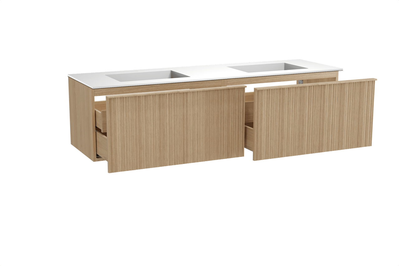 Balmani Forma hängendes Möbelstück Set: 180 x 55 cm, Naturbelassene Eiche, mit Tablo Stretto Doppelwaschtisch, Solid Surface, Weiß matt, Vertikale asymmetrische Runde Rippe