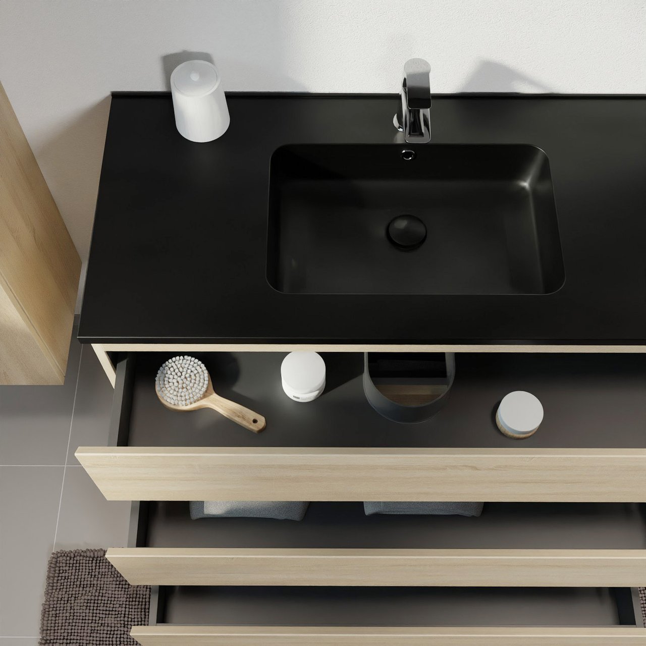 Linie Lado freistehendes Möbelstück Set: 80 x 46 cm, Weiße Eiche, mit Vano Einzelwaschtisch, Marmorkomposit Schwarz matt