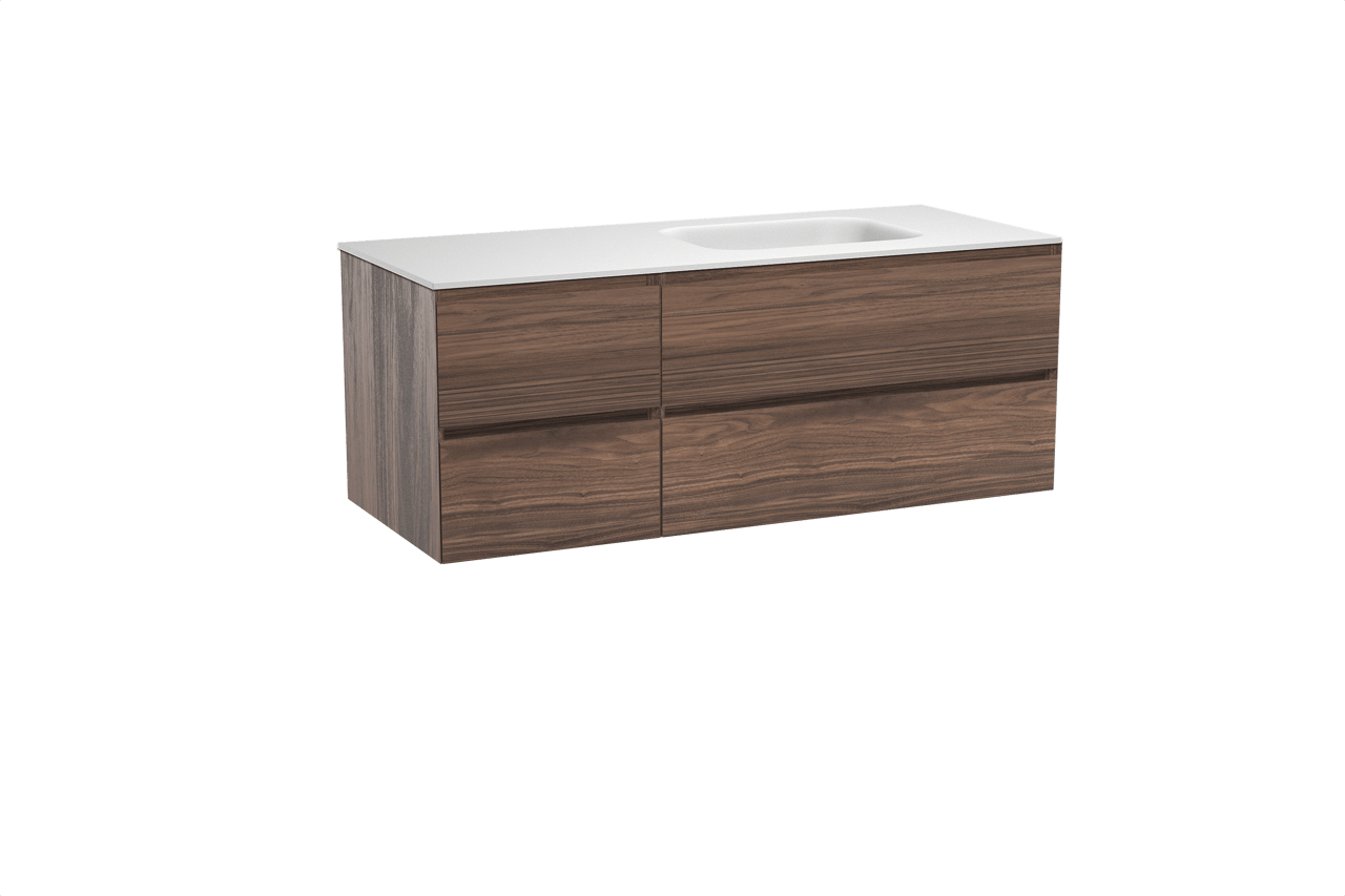 Balmani Mitra meuble salle de bains suspendu 135 x 55 cm noyer avec Tablo Arcato vasque asymétrique droite en solid surface blanc mat