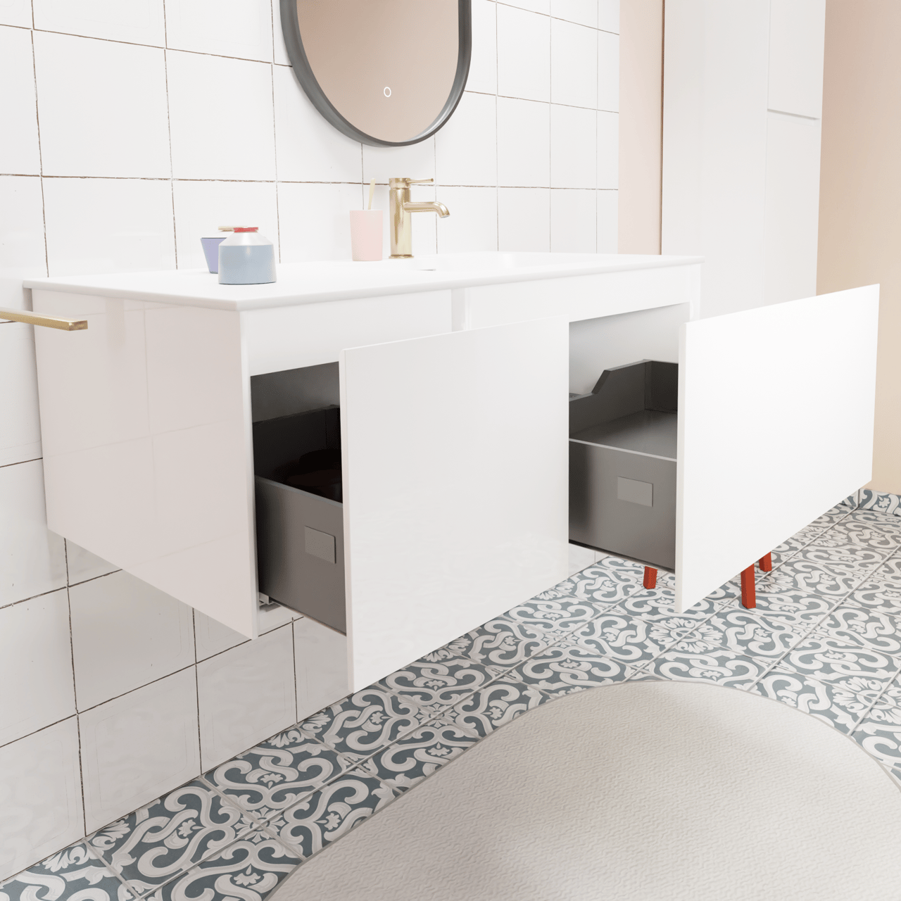 Storke Edge zwevend badkamermeubel 100 x 52 cm glanzend wit met Mata asymmetrisch rechtse wastafel in solid surface mat wit