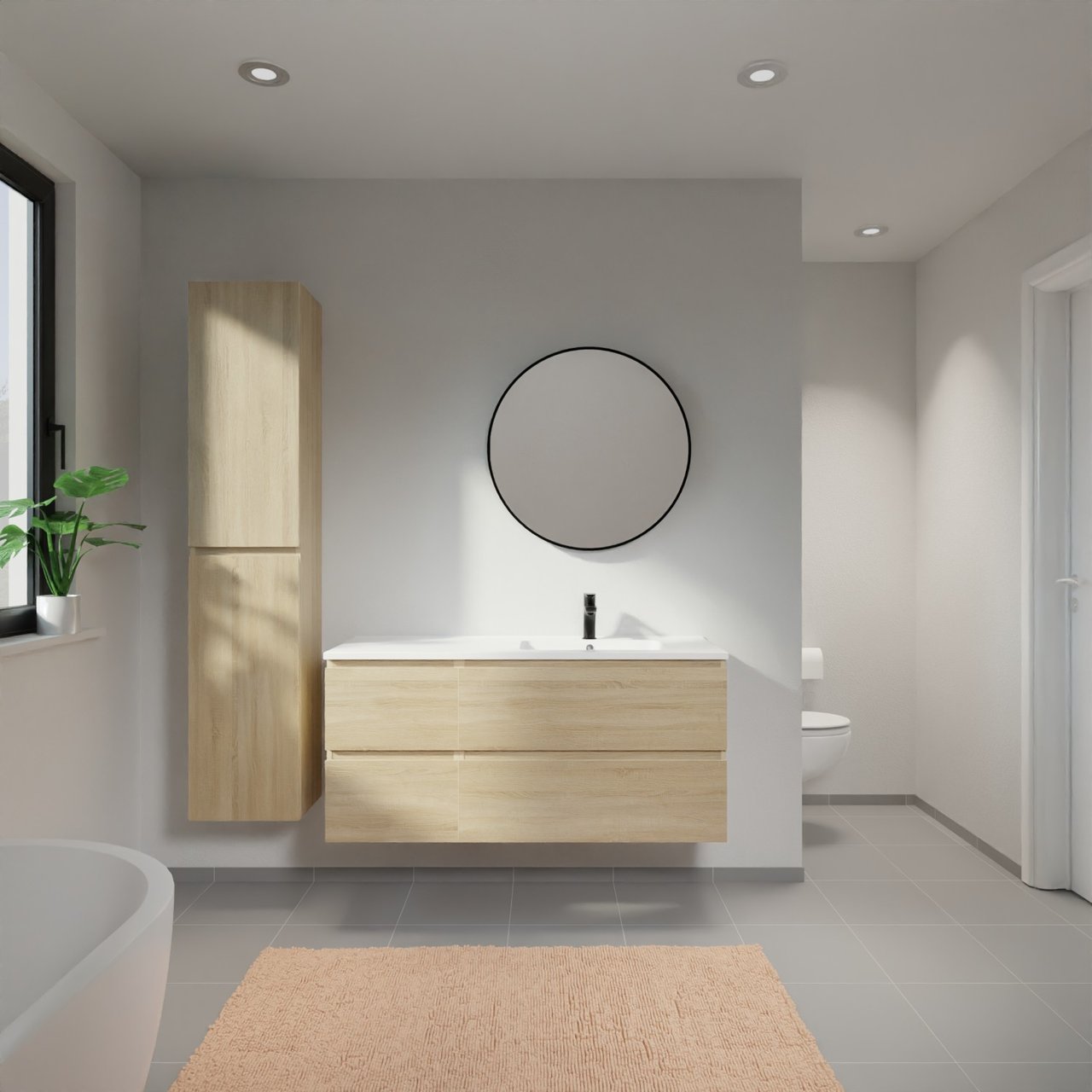 Linie Lado zwevend badmeubel 120 x 46 cm wit eiken met Vano asymmetrisch rechtse wastafel in composietmarmer mat wit