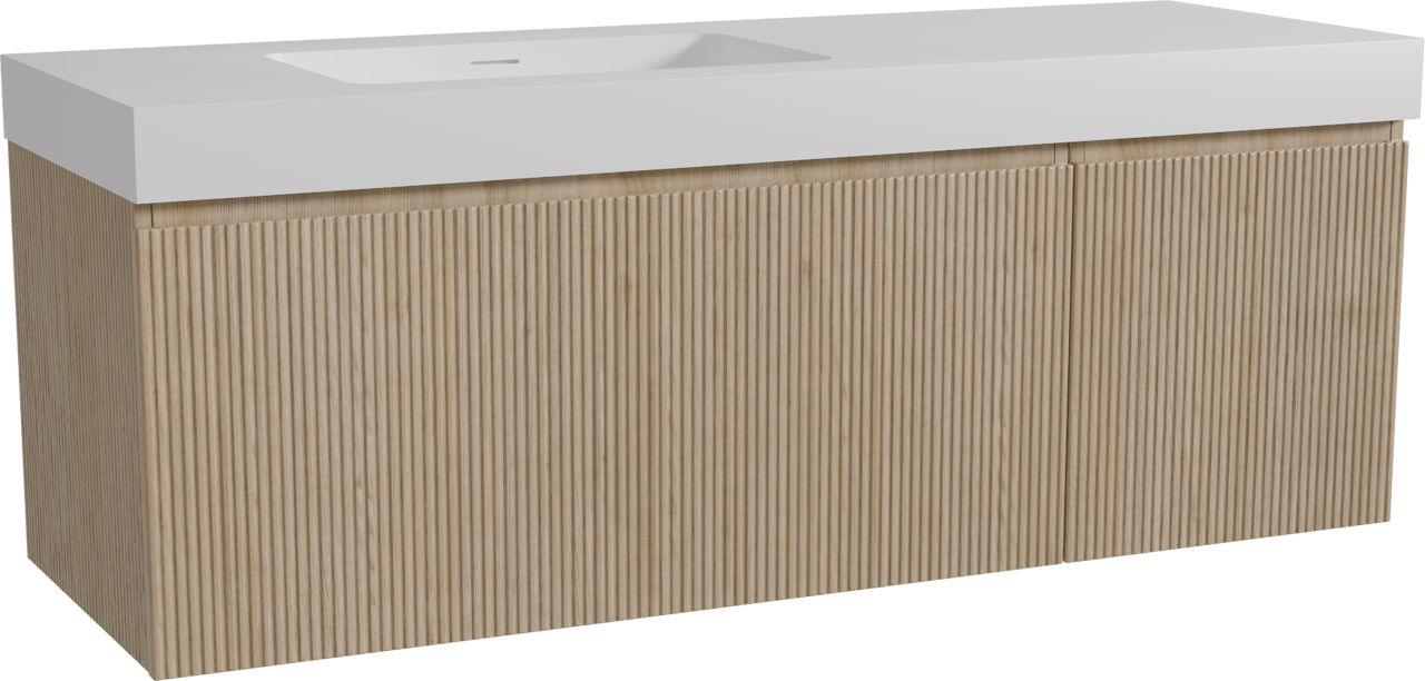 Storke Ribs hängendes Möbelstück Set: 150 x 52 cm, Rohe Eiche, mit Mata High Waschtisch links, Solid Surface, Weiß matt, Vertikale symmetrische gerade Rippe