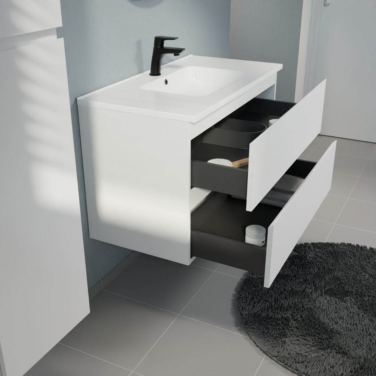 Linie Lado zwevend badkamermeubel 90 x 46 cm mat wit met Vano enkele wastafel in composietmarmer glanzend wit