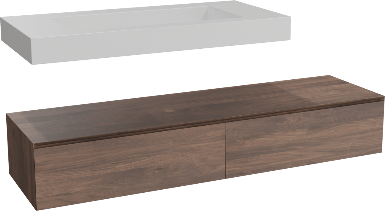 Balmani Mitra Elements hängendes Möbelstück Set: 180 x 55 cm, Amerikanischer Nussbaum mit Modus Einzelwaschtisch für 2 Armaturenlöcher 120 cm, Solid Surface Weiß matt