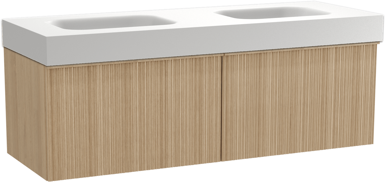 Balmani Forma zwevend badmeubel 150 x 55 cm naturel eiken met Arcato dubbele wastafel in solid surface mat wit, Verticale asymmetrische ronde ribbel