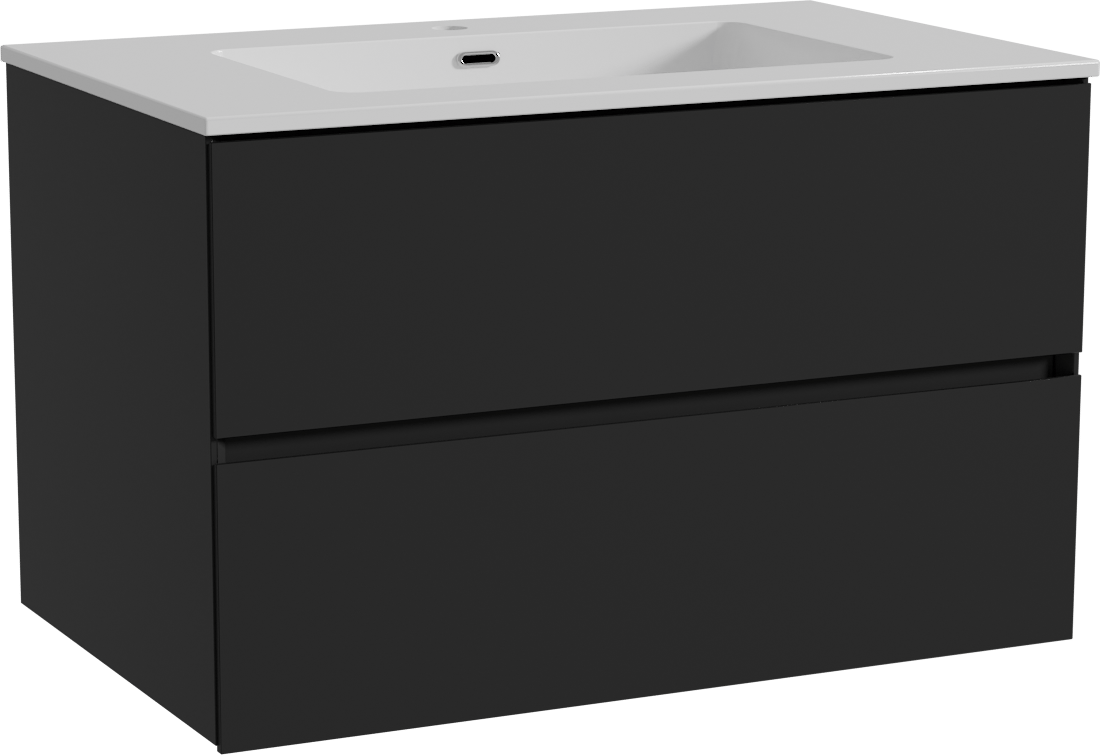 Storke Edge hängendes Möbelstück Set: 85 x 52 cm, Schwarz matt, mit Diva Einzelwaschtisch, Marmorkomposit Weiß glänzend