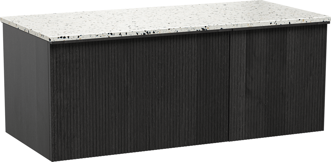 Balmani Forma hängendes Möbelstück Set: 120 x 55 cm, Schwarze Eiche, mit Stretto Einzel- oder Doppel Waschtischplatte, Terrazzo in Weiß/Schwarz matt, Vertikale symmetrische gerade Rippe