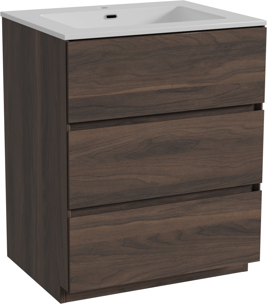 Storke Edge freistehendes Möbelstück Set: 65 x 52 cm, Nussbaum, mit Diva Einzelwaschtisch, Marmorkomposit Weiß glänzend