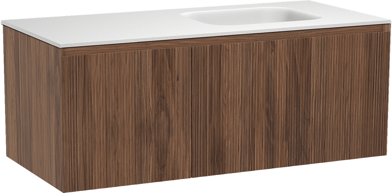 Balmani Fila hängendes Möbelstück Set: 120 x 55 cm, Nussbaum, mit Tablo Arcato Waschtisch rechts, Solid Surface, Weiß matt, Vertikale symmetrische gerade Rippe