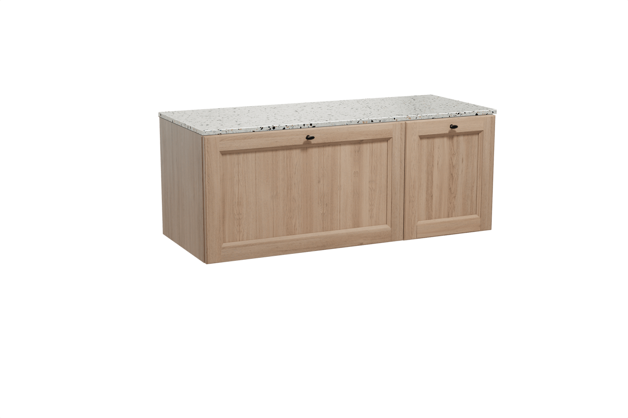 Balmani Lemon meuble salle de bains suspendu 135 x 55 cm chêne vieilli avec Stretto tablette simple ou double en blanc/noir mat terrazzo