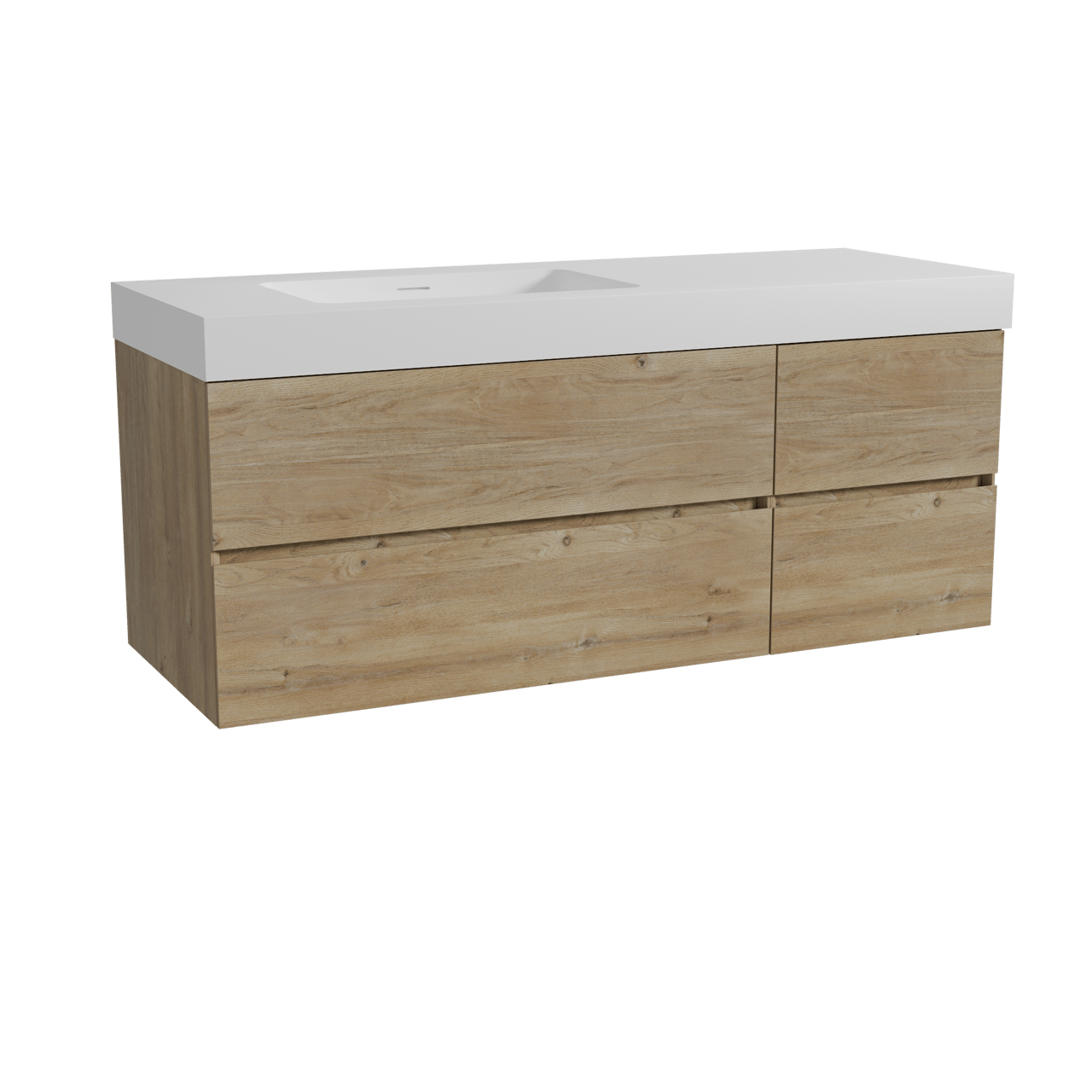 Storke Edge zwevend badmeubel 140 x 52 cm ruw eiken met Mata High asymmetrisch linkse wastafel in solid surface mat wit