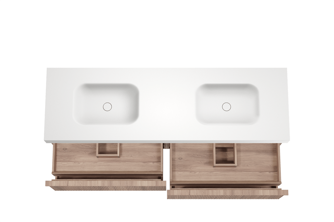 Balmani Forma meuble salle de bains suspendu 180 x 55 cm teck avec Arcato double vasque en solid surface blanc mat, Nervure droite symétrique verticale