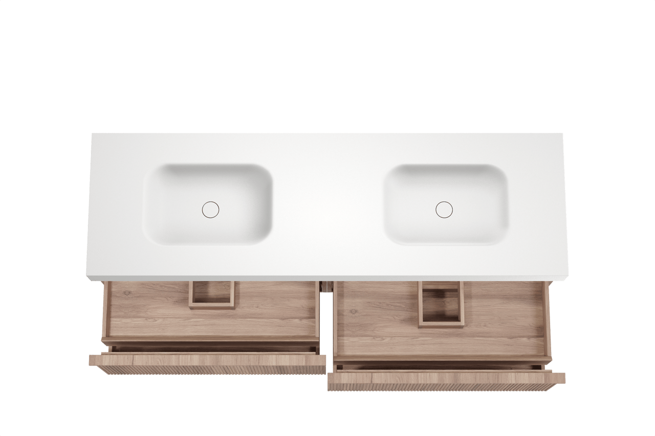 Balmani Forma meuble salle de bains suspendu 180 x 55 cm teck avec Arcato double vasque en solid surface blanc mat, Nervure droite symétrique verticale