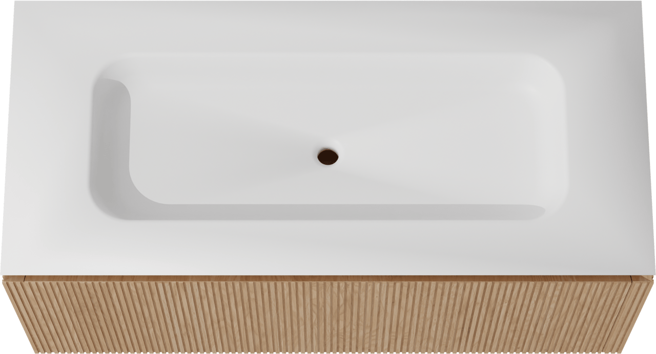 Balmani Eclips hängendes Möbelstück Set: 120 x 55 cm, Eiche Natur, mit Eclips Einzelwaschtisch Solid Surface Weiβ matt, Vertikale symmetrische gerade Rippe