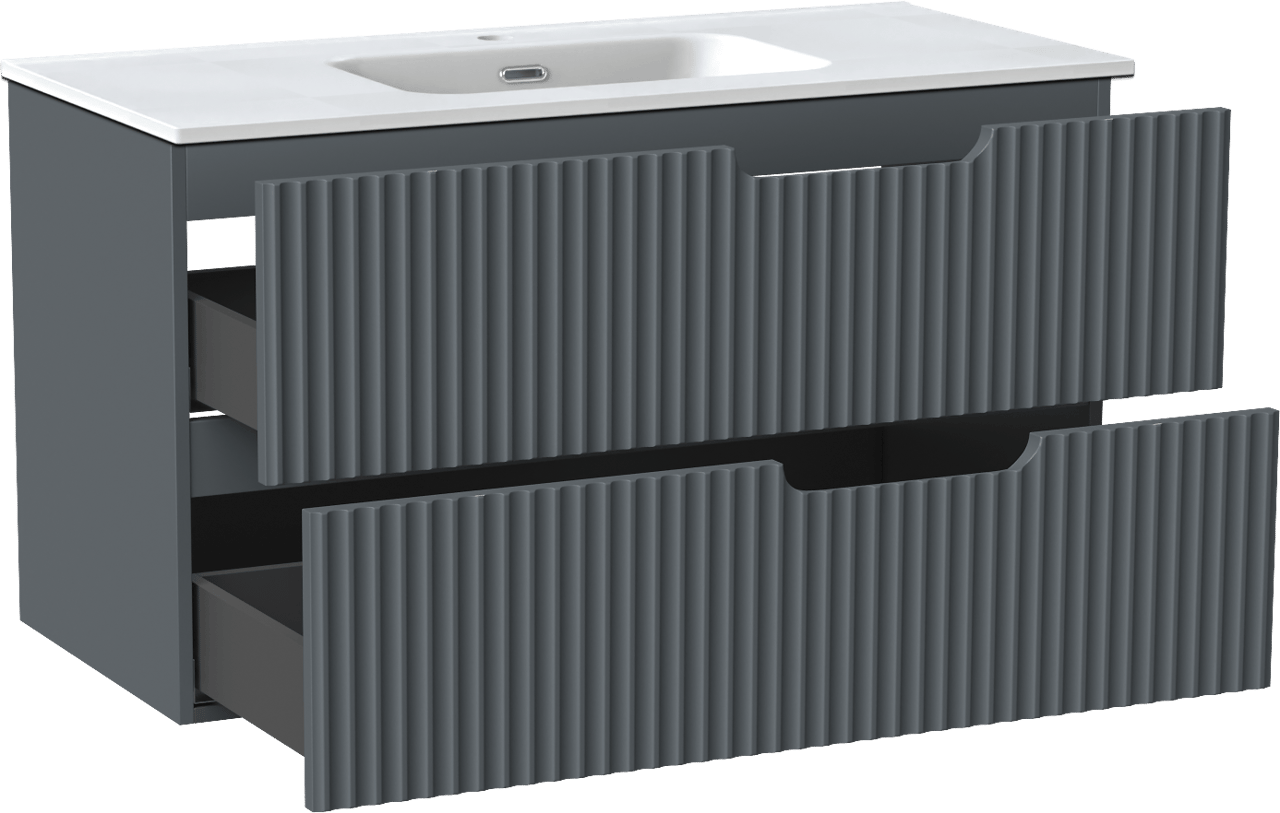Linie Ribbo zwevend badkamermeubel 100 x 46 cm blauw antraciet met Baro enkele wastafel in porselein mat wit, Verticale symmetrische ronde ribbel