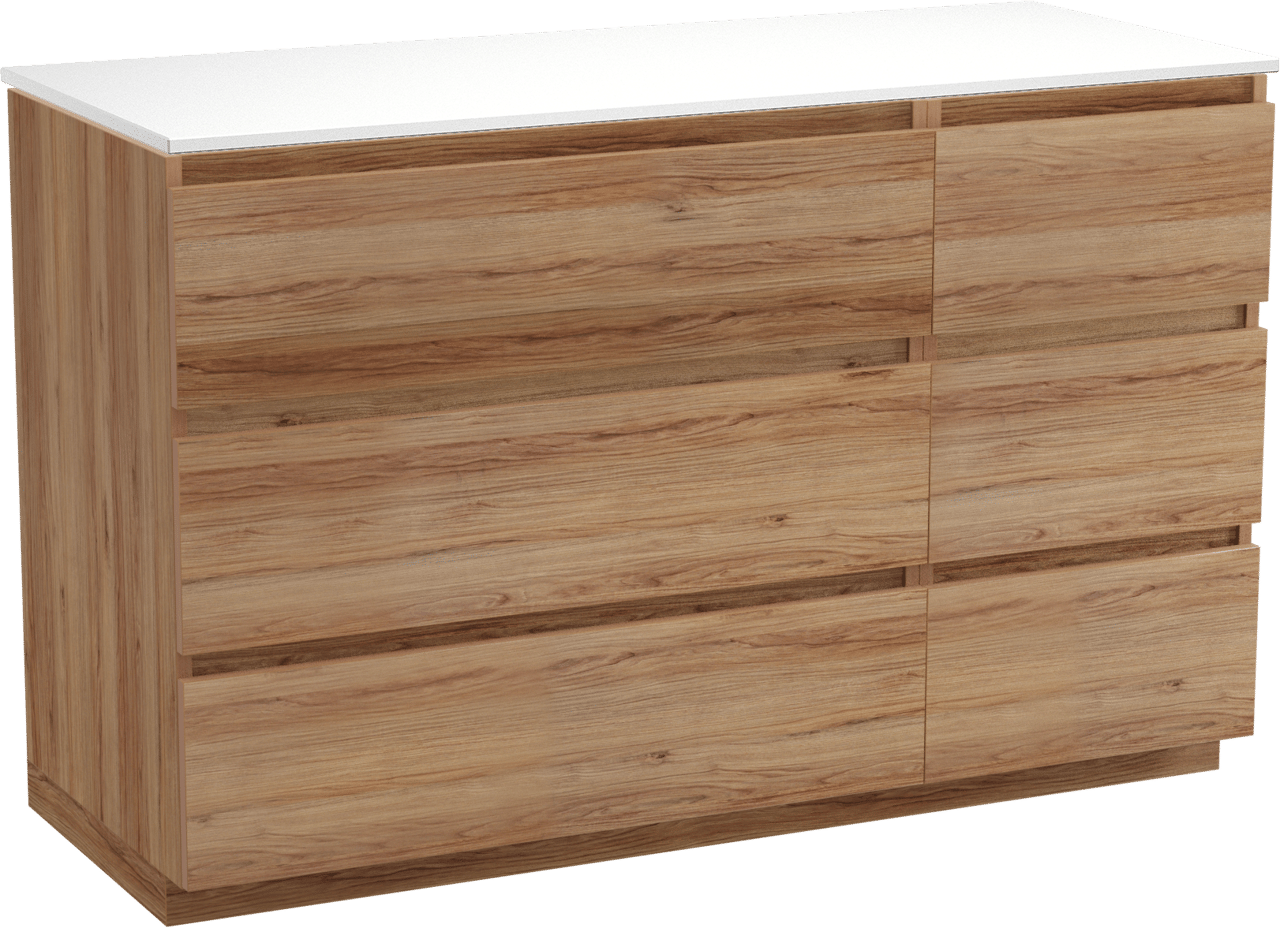 Balmani Lucida staand badkamermeubel 135 x 55 cm teak met Stretto enkel of dubbel tablet in solid surface mat wit