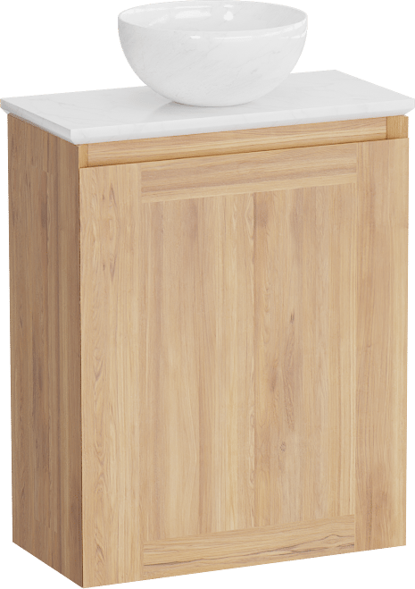 Balmani Mitra zwevend toiletmeubel 42 x 21 cm teakhout met Facetta wastafelblad en Bari XS waskom in Carrara marmer