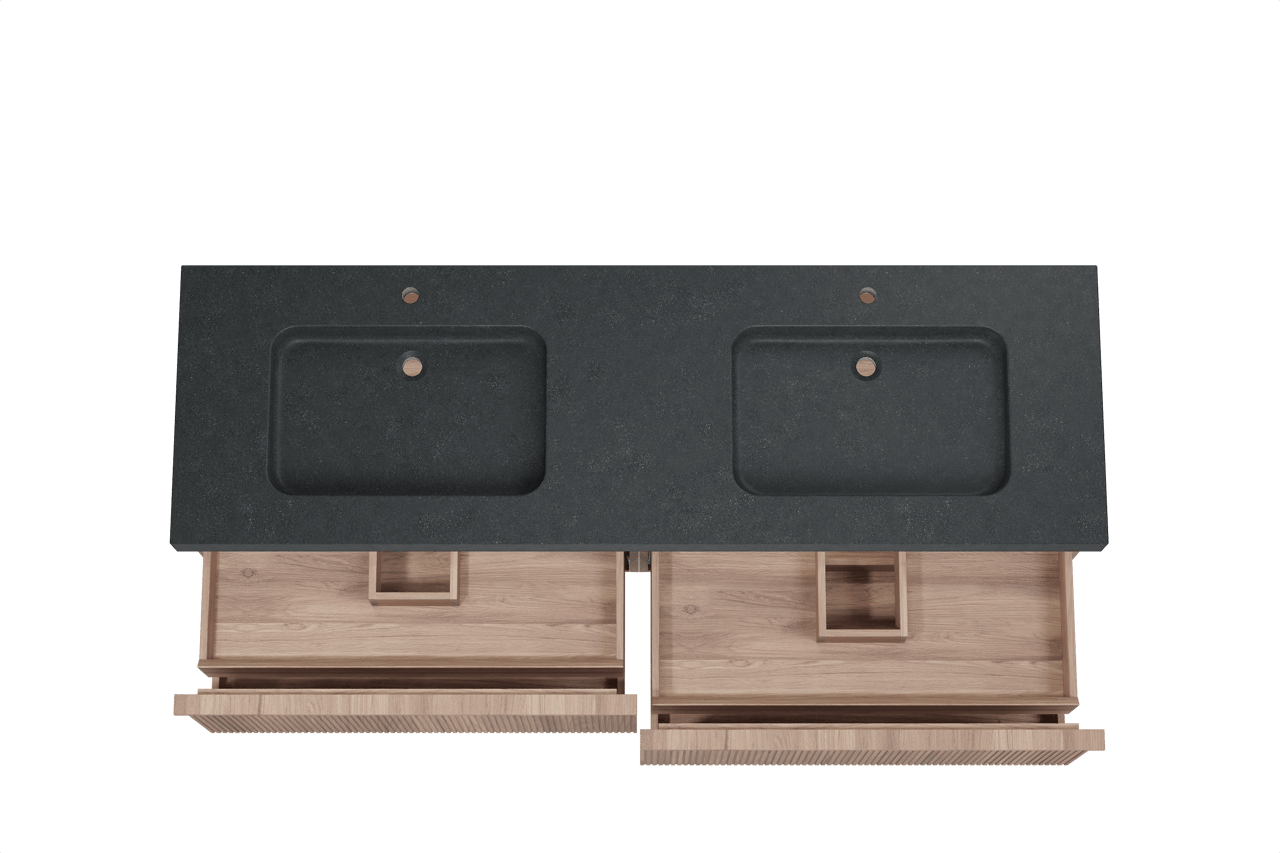 Balmani Forma hängendes Möbelstück Set: 180 x 55 cm, Teak, mit Napoli Doppelwaschtisch, Granit, Schwarzes Granit, Vertikale symmetrische gerade Rippe