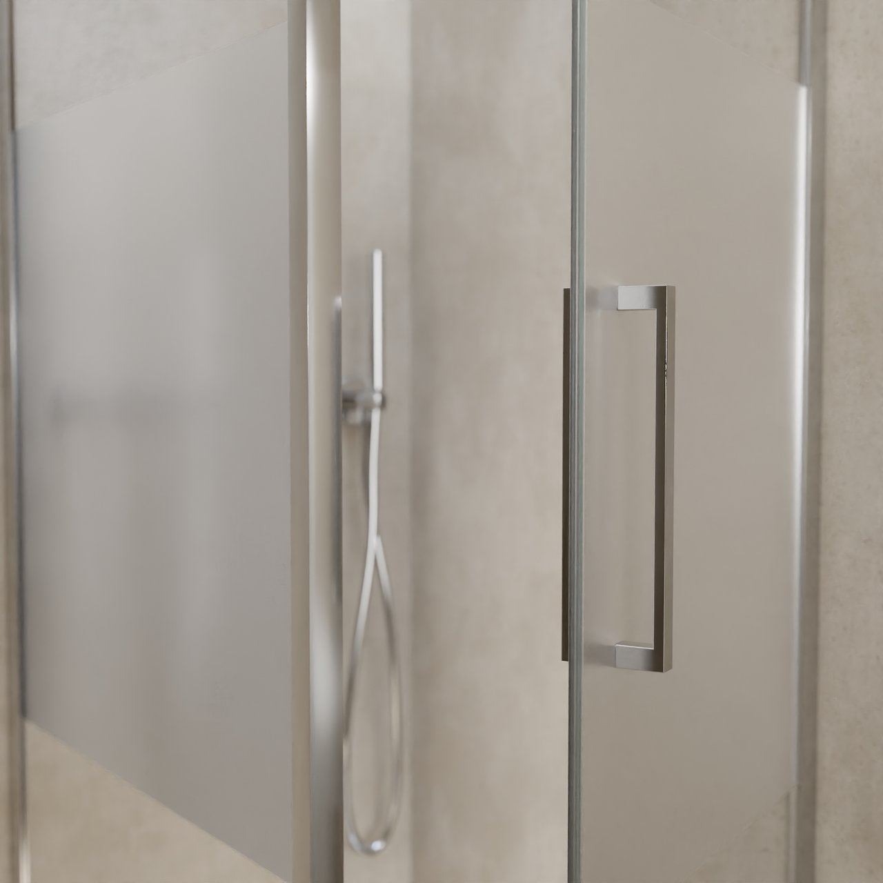 Balmani Senses Design Eckdusche: Drehtür (Rechts) mit fixierte Seitenwand, 90 x 90 cm, Klarglas mit mattiertem Streifen, Profil Chrom, inklusive Coating