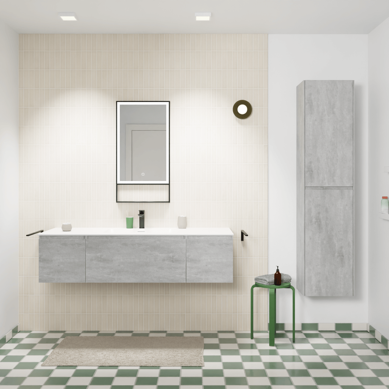 Storke Edge hängendes Möbelstück Set: 145 x 52 cm, Beton dunkelgrau, mit Mata Einzelwaschtisch, Solid Surface Weiß matt