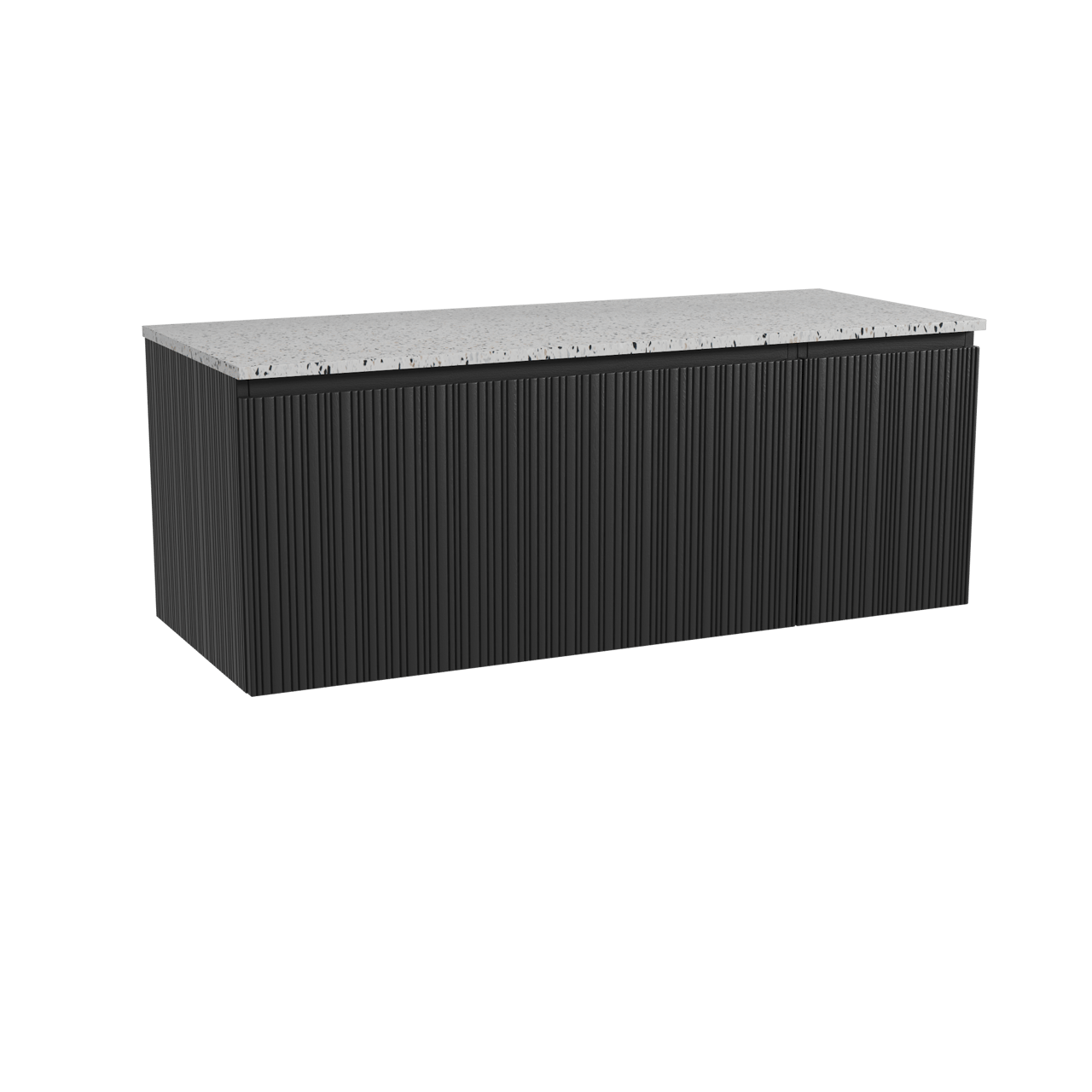 Storke Ribs hängendes Möbelstück Set: 130 x 52 cm, Schwarze Eiche, mit Tavola Einzel- oder Doppel Waschtischplatte, Terrazzo in Weiß/Schwarz matt, Vertikale asymmetrische gerade Rippe