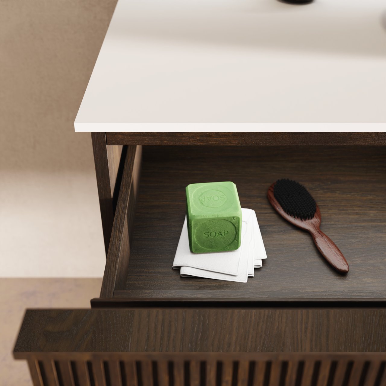 Balmani Forma meuble salle de bains suspendu 120 x 55 cm chêne fumé avec Tablo Arcato plan simple pour 2 trous de robinet en solid surface blanc mat, Nervure droite symétrique verticale