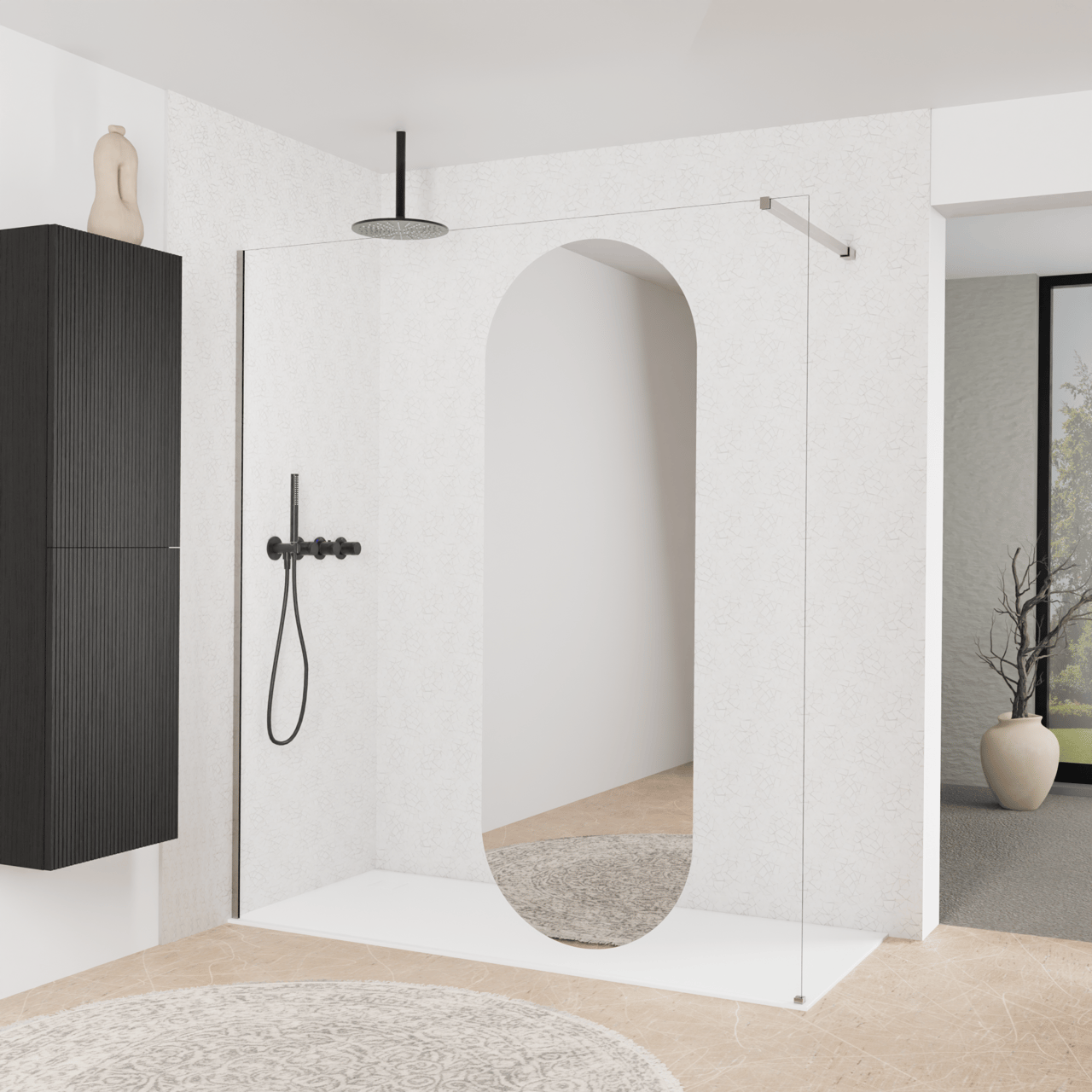 Balmani Modular Walk-In Dusche: 180 x 200 cm, Reflex-Spiegelglas Oval, Profil Brushed Inox