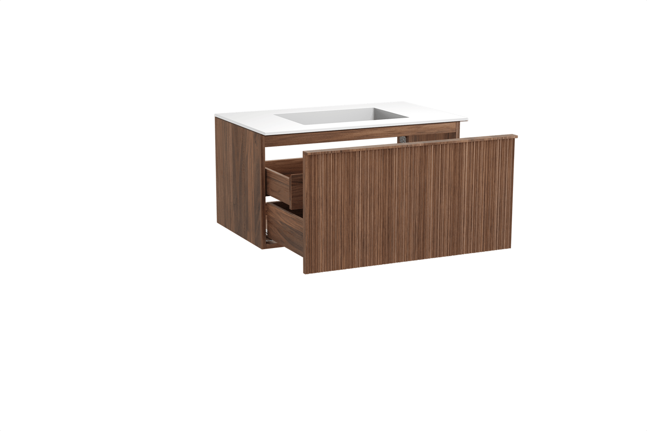 Balmani Forma zwevend badkamermeubel 90 x 55 cm amerikaanse notelaar met Tablo Stretto enkele wastafel in solid surface mat wit, Verticale asymmetrische ronde ribbel