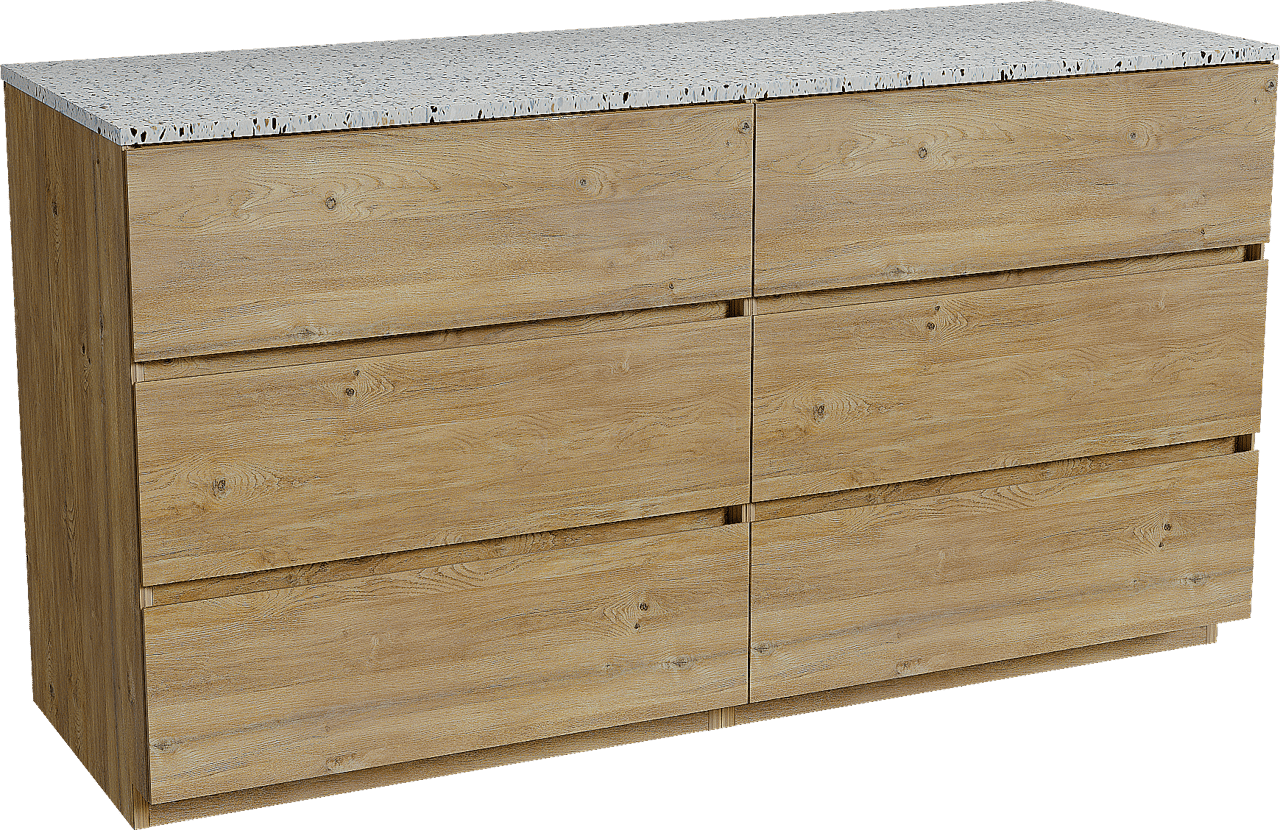 Storke Edge freistehendes Möbelstück Set: 150 x 52 cm, Rohe Eiche, mit Tavola Einzel- oder Doppel Waschtischplatte, Terrazzo in Weiß/Schwarz matt