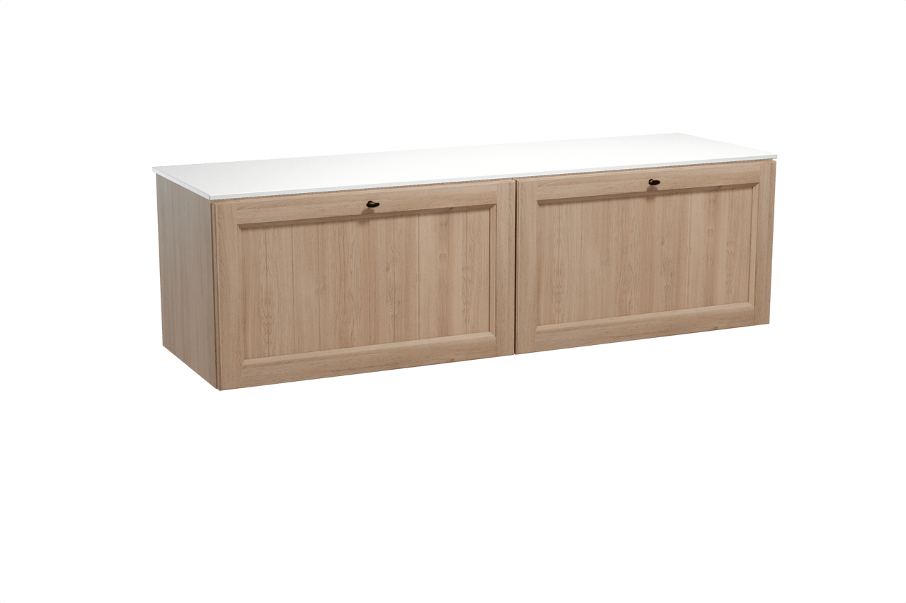 Balmani Lemon hängendes Möbelstück Set: 180 x 55 cm, Verwitterte Eiche, mit Stretto Einzel- oder Doppel Waschtischplatte, Solid Surface Weiß matt