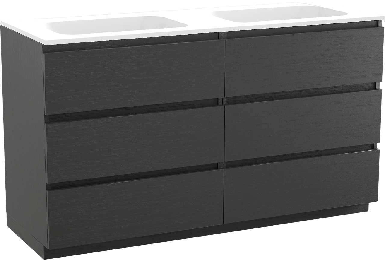 Balmani Lucida freistehendes Möbelstück Set: 150 x 55 cm, Schwarze Eiche, mit Tablo Strada Doppelwaschtisch, Marmorkomposit Weiß matt