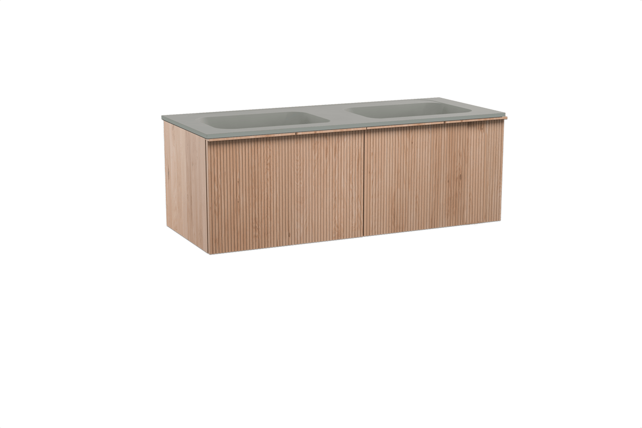 Balmani Forma zwevend badmeubel 135 x 55 cm naturel eiken met Tablo Strada dubbele wastafel in composietmarmer zijdegrijs, Verticale symmetrische rechte ribbel