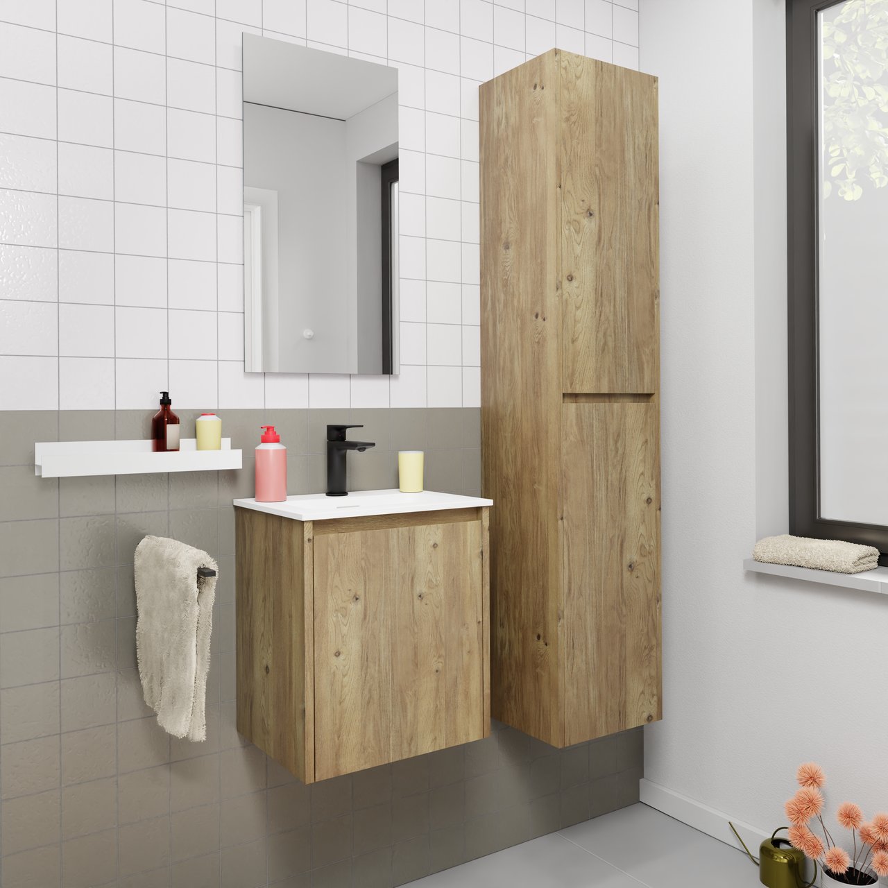 Storke Seda zwevend badkamermeubel 45 x 35 cm ruw eiken met Mata enkele wastafel in Solid Surface mat wit