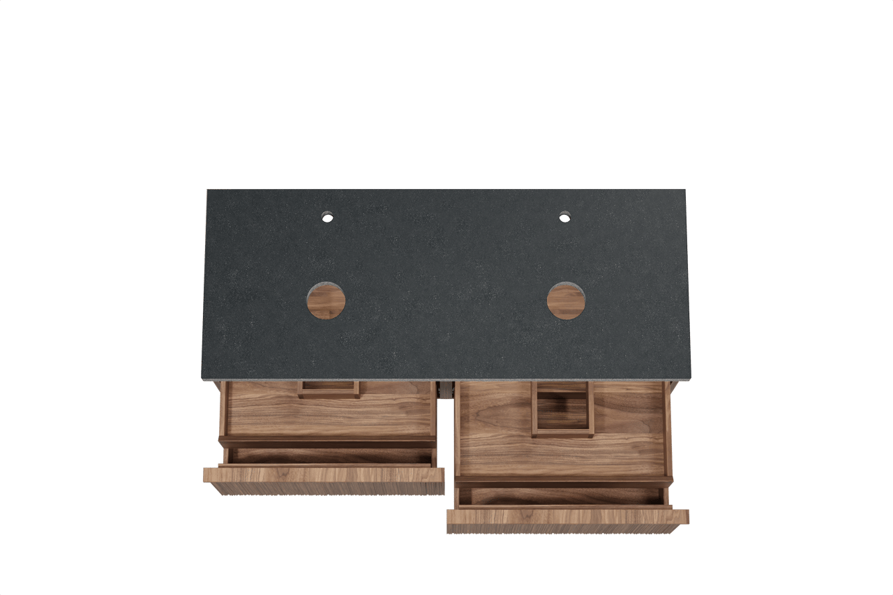 Balmani Forma hängendes Möbelstück Set: 135 x 55 cm, Amerikanischer Nussbaum, mit Rock Doppel Waschtischplatte, Granit, Schwarzes Granit, Vertikale asymmetrische Runde Rippe