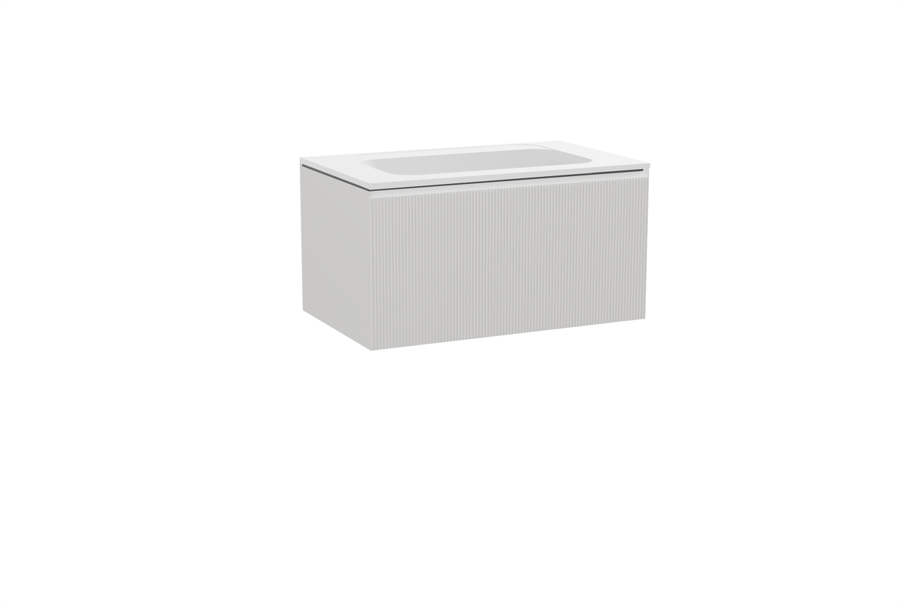 Balmani Fila hängendes Möbelstück Set: 90 x 55 cm, Weiß matt, mit Tablo Strada Einzelwaschtisch, Marmorkomposit, Weiß matt, Vertikale symmetrische gerade Rippe