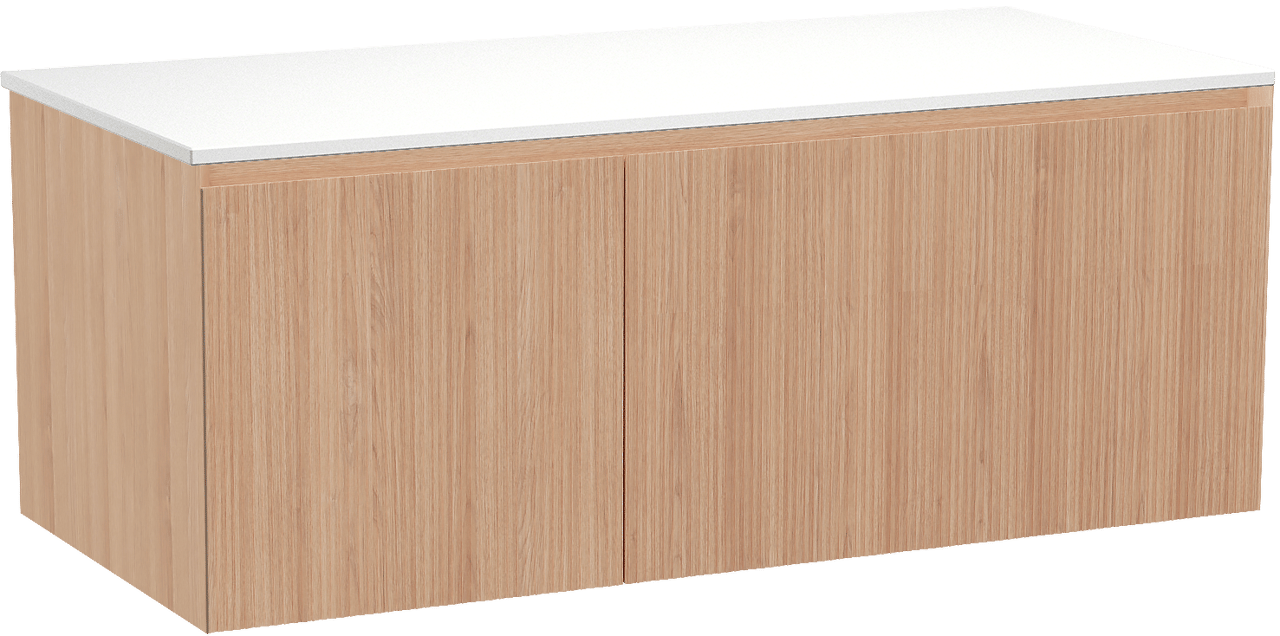 Balmani Fila zwevend badkamermeubel 120 x 55 cm natuur eik met Stretto enkel of dubbel tablet in solid surface mat wit, Verticale symmetrische rechte ribbel