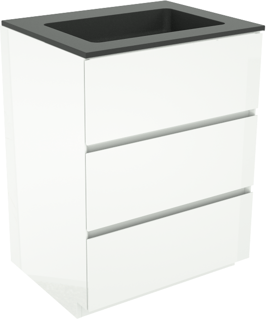 Storke Edge freistehendes Möbelstück Set: 65 x 52 cm, Weiß glänzend, mit Scuro Einzelwaschtisch, Quarz Schwarz matt